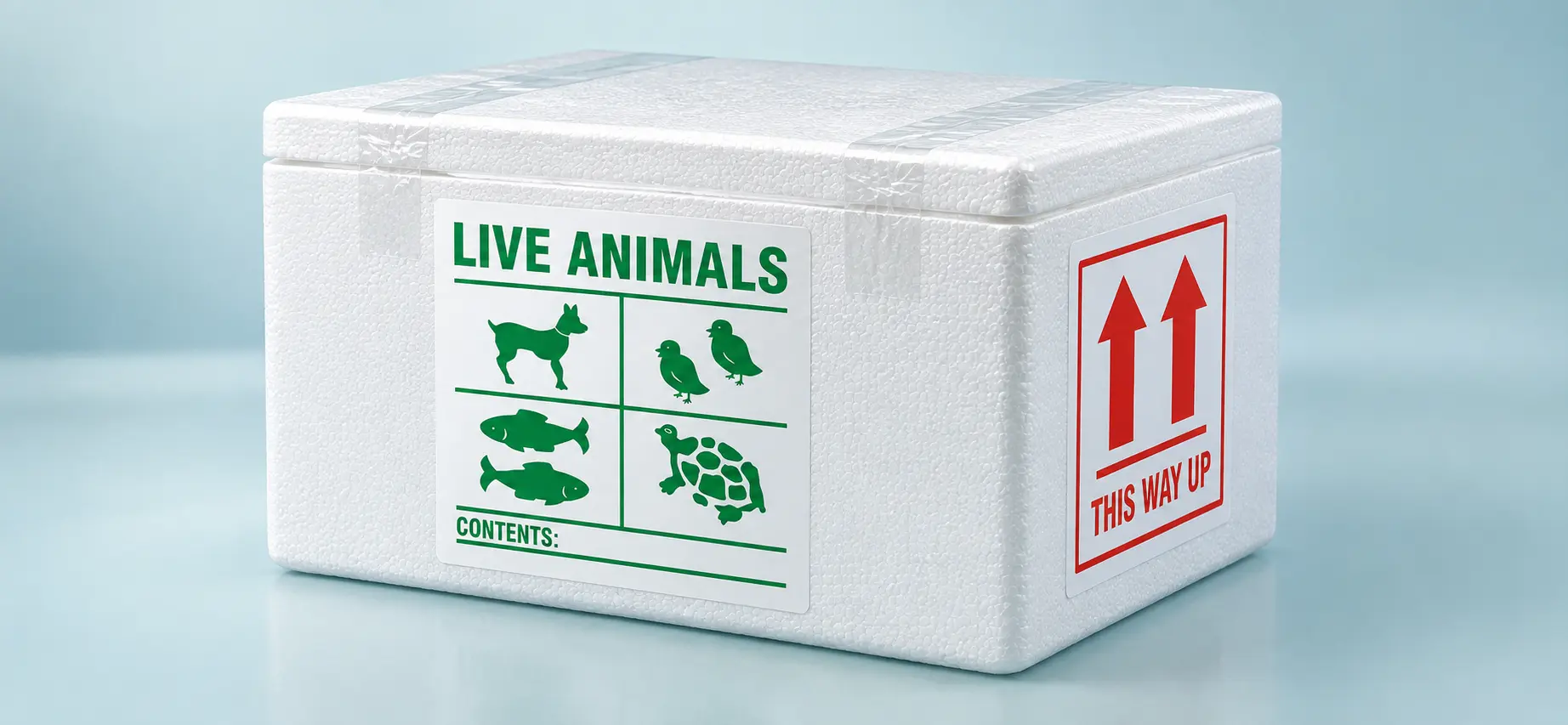 Weiße Styropor-Versandbox mit LIVE-ANIMALS- und rotem Aufwärtspfeil-Etikett