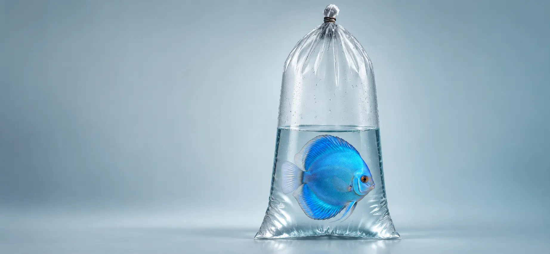 Blue-Diamond-Diskus vollständig unter Wasser in einem geschlossenen Transportbeutel