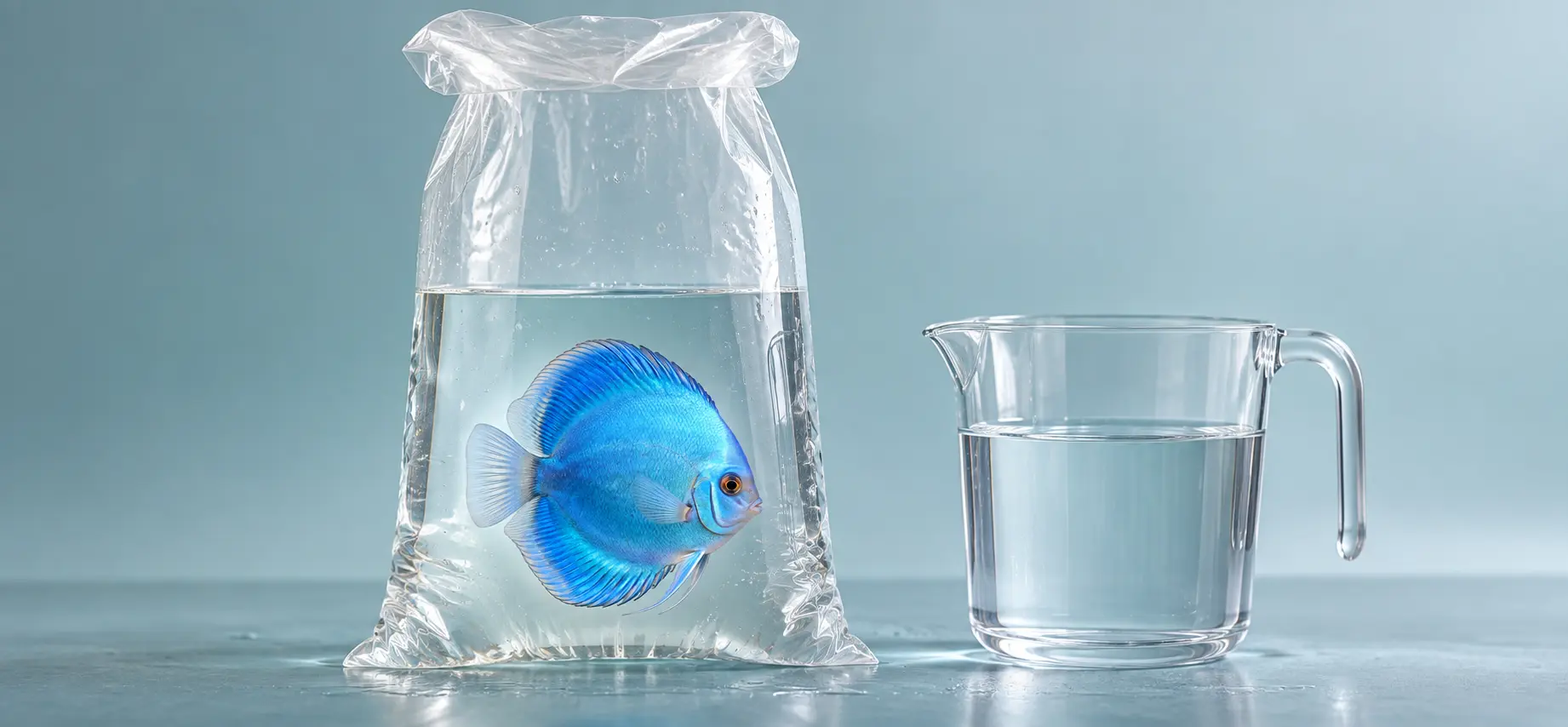 Geöffneter Fischtransportbeutel mit Messbecher voll Aquarienwasser