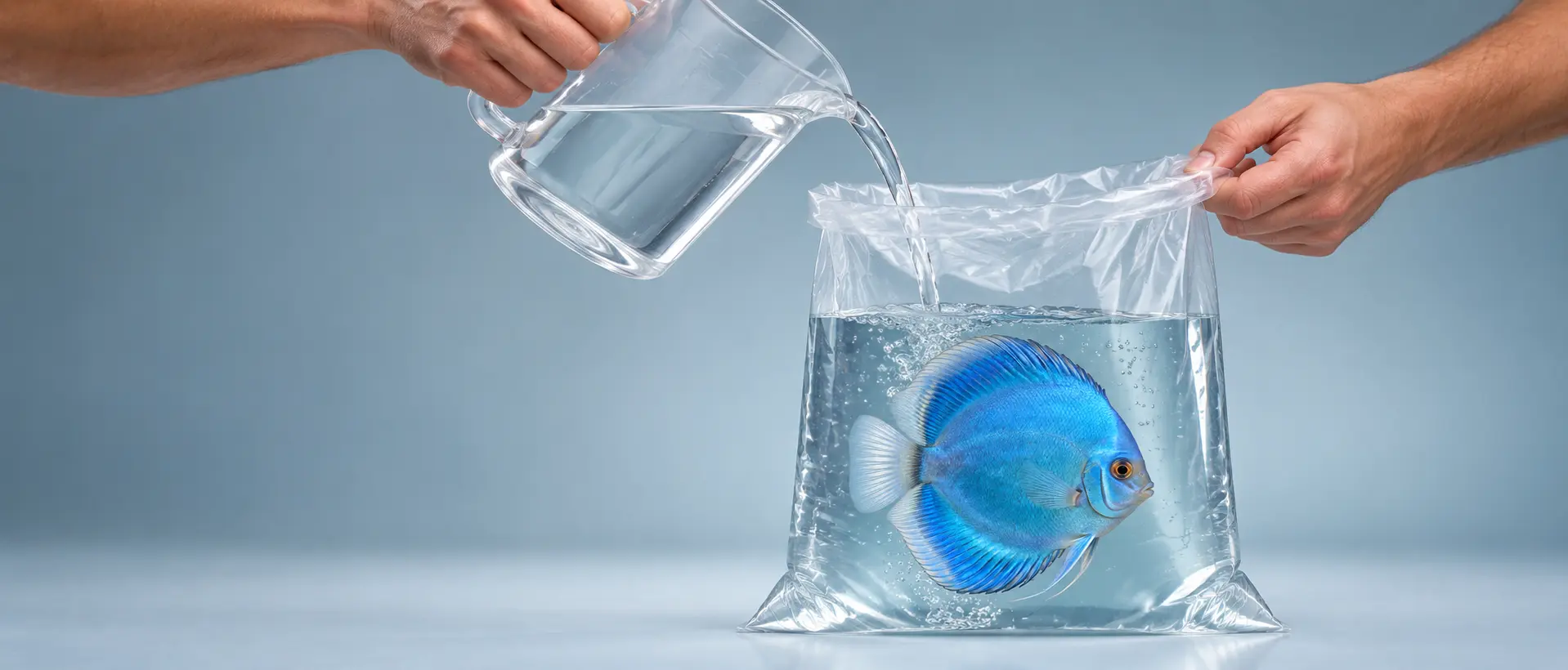Eine Hand gibt kontrolliert Aquarienwasser in den geöffneten Transportbeutel