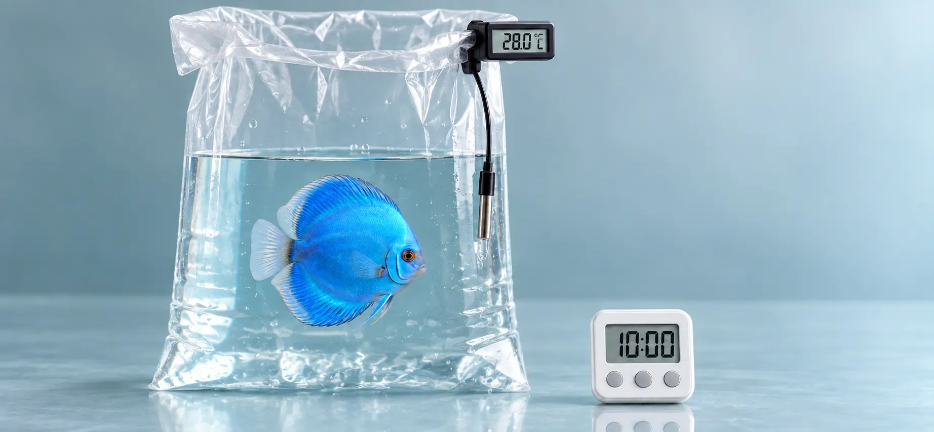 Transportbeutel steht ohne Wanne mit Thermometer und Timer auf der Arbeitsfläche