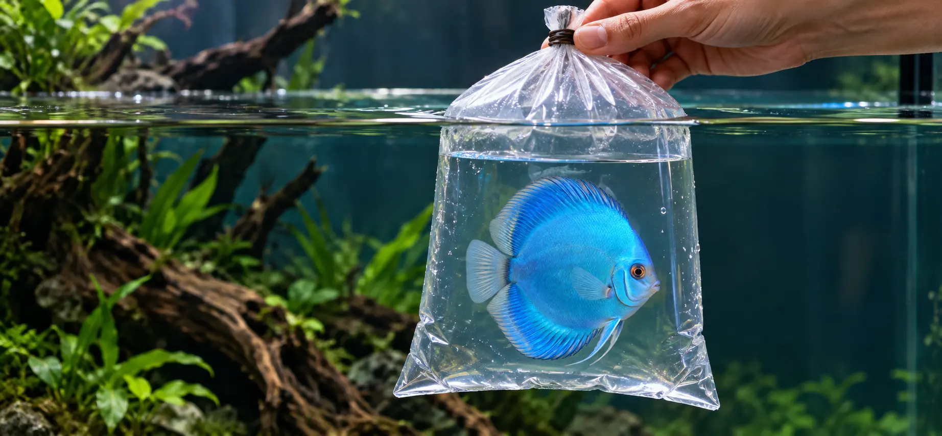 Geschlossener Transportbeutel wird an der Wasseroberfläche des Aquariums temperiert