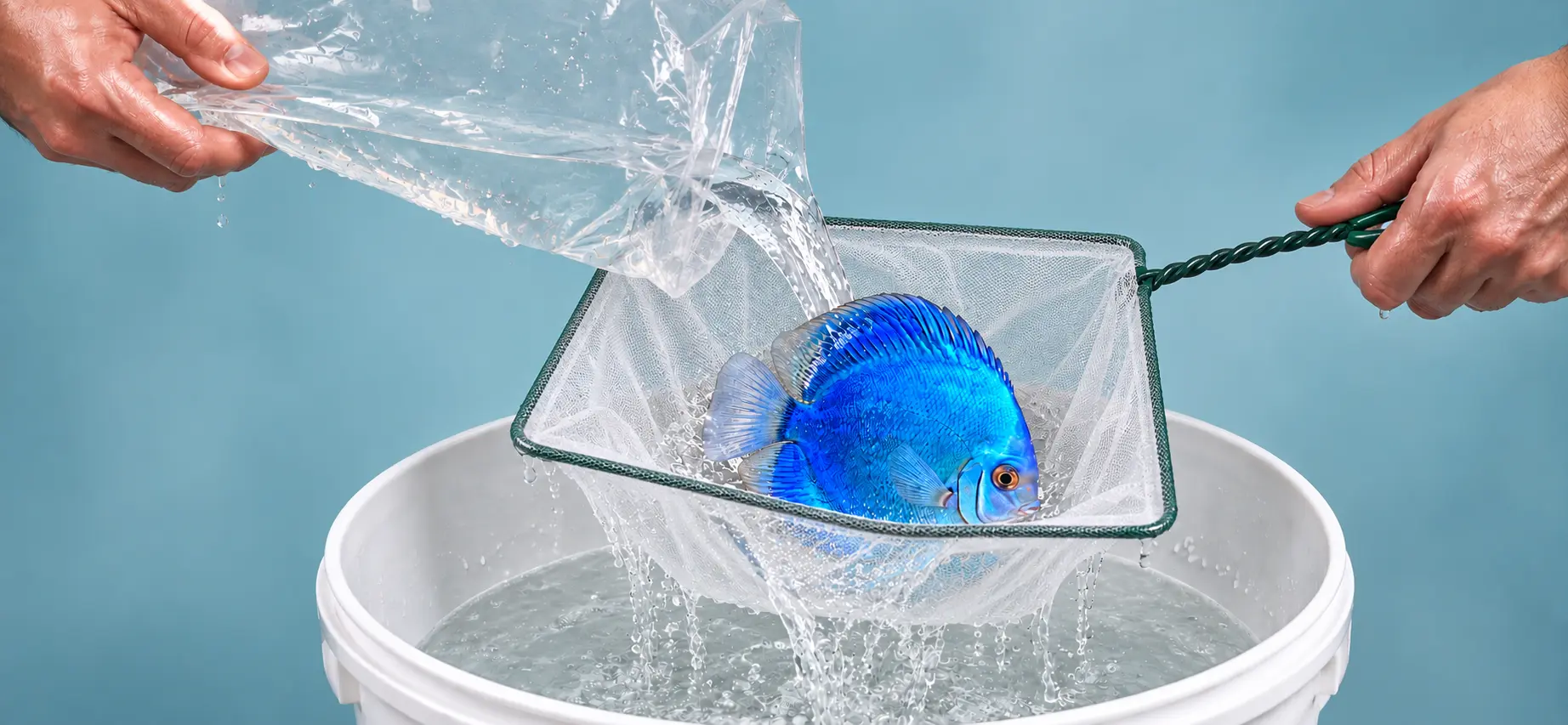 Transportbeutel wird über einen großen weißen rechteckigen Aquarienkescher und einen Eimer abgegossen