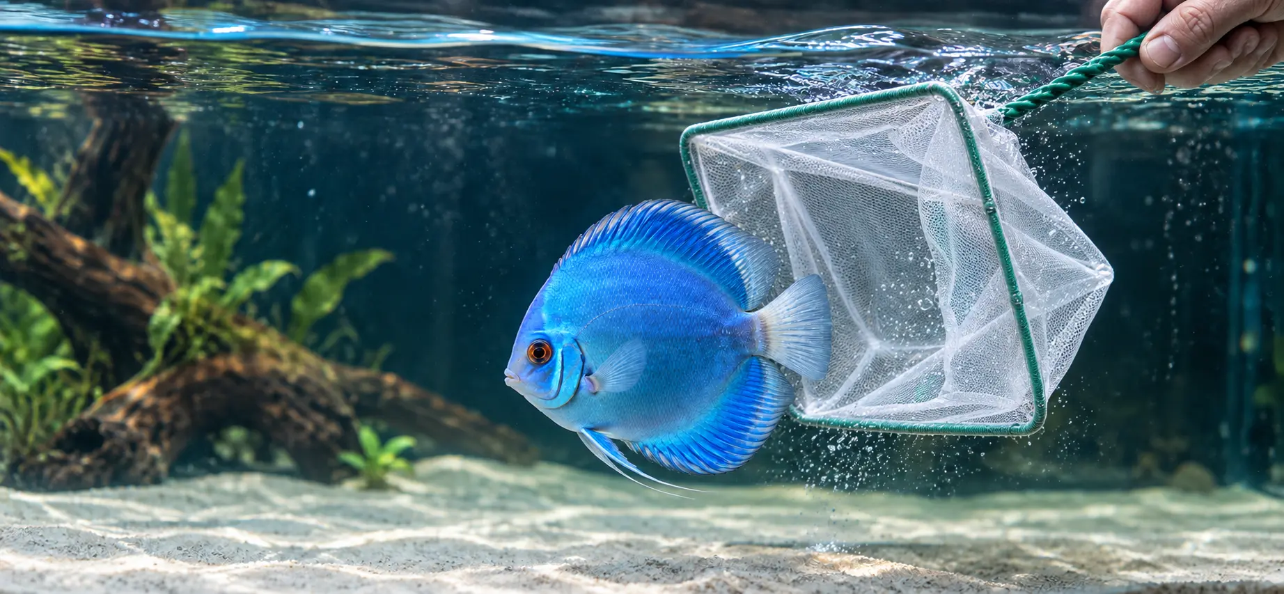 Blue-Diamond-Diskus schwimmt aus einem weißen rechteckigen Aquarienkescher ins vorbereitete Aquarium