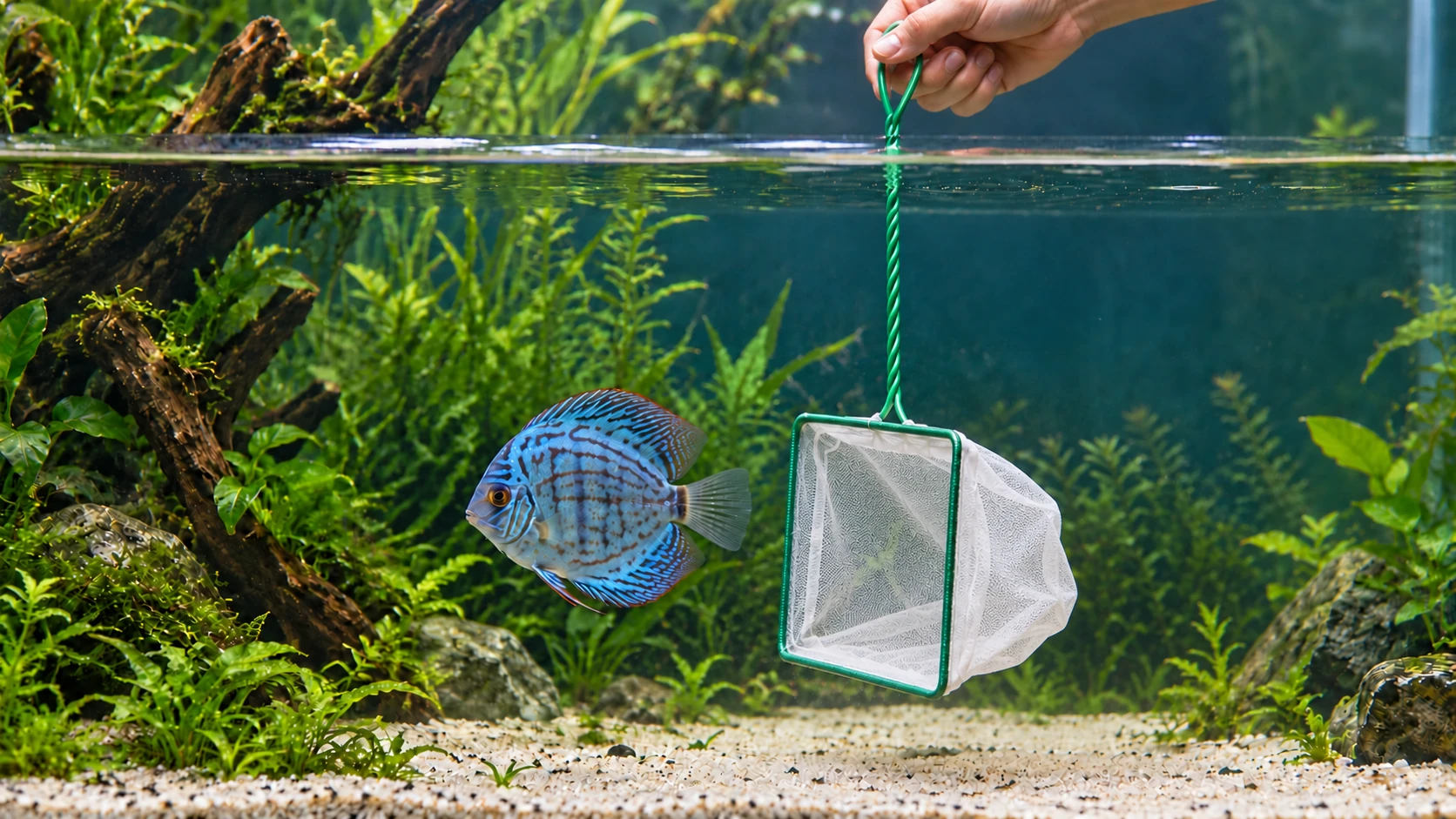 Diskusfisch schwimmt nach links aus einem seitlich gehaltenen feinen weißen Aquariumkescher