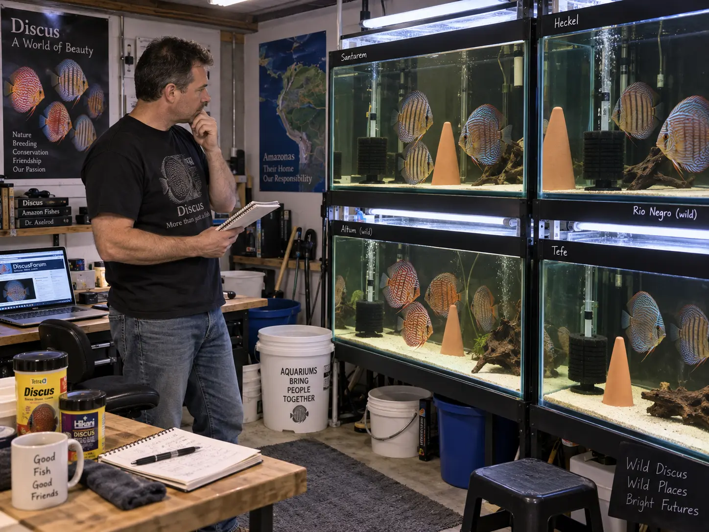 Illustrative Darstellung eines Hobby-Aquarienraums mit Wilddiskus, Computeranalyse und Unterlagen zur genetischen Einordnung von Wildformen