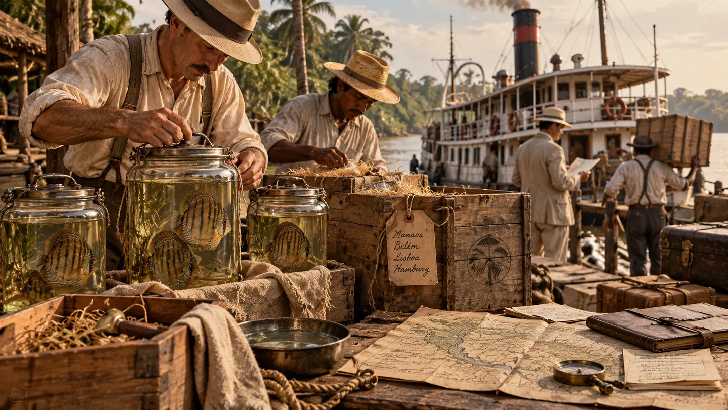 Illustrative Rekonstruktion eines Amazonas-Anlegers der 1920er-Jahre mit Dampfschiff, Holzkisten und frühen Transportbehältern für Diskusfische
