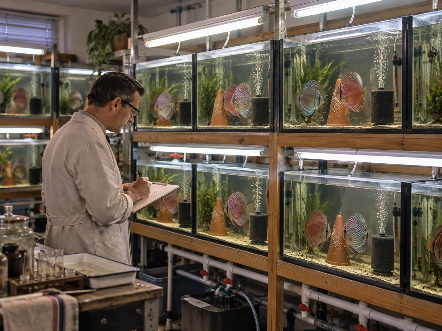 Illustrative Rekonstruktion eines modernisierten Diskuszuchtraums der 1960er- und 1970er-Jahre mit mehreren Aquarien und früher Linienauswahl