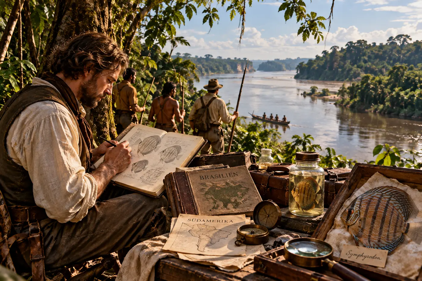 Illustrative Rekonstruktion einer naturkundlichen Amazonasexpedition im frühen 19. Jahrhundert