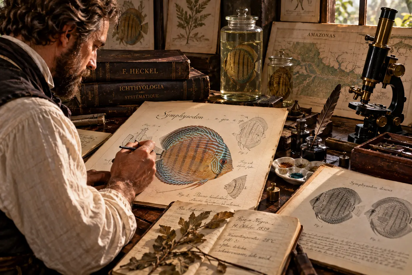 Illustrative Rekonstruktion einer wissenschaftlichen Fischbeschreibung im Jahr 1840