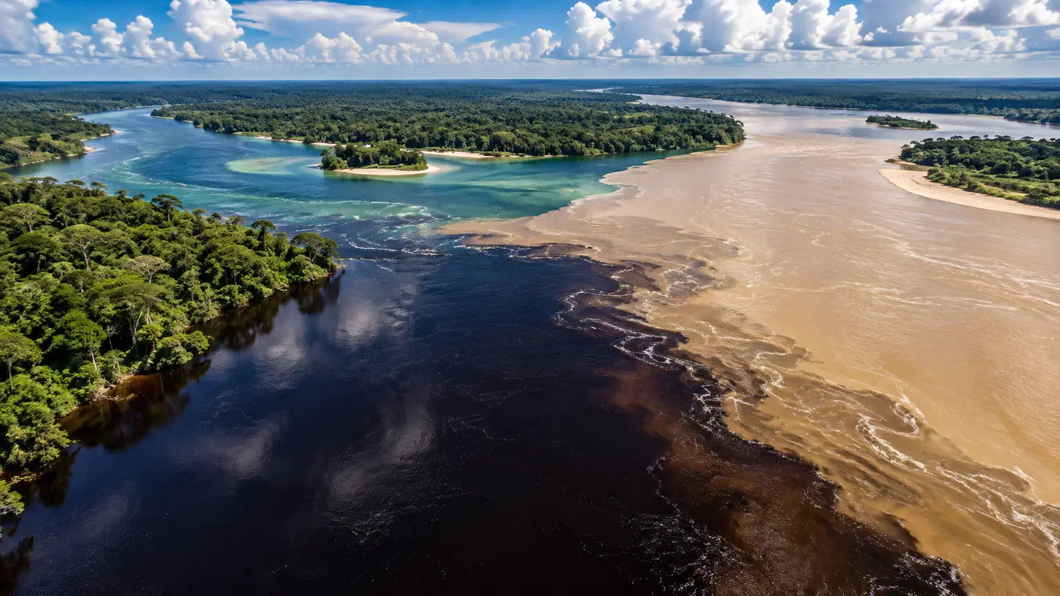 Zusammenfluss dunkler und heller Amazonasgewässer mit deutlich sichtbarer Wassergrenze