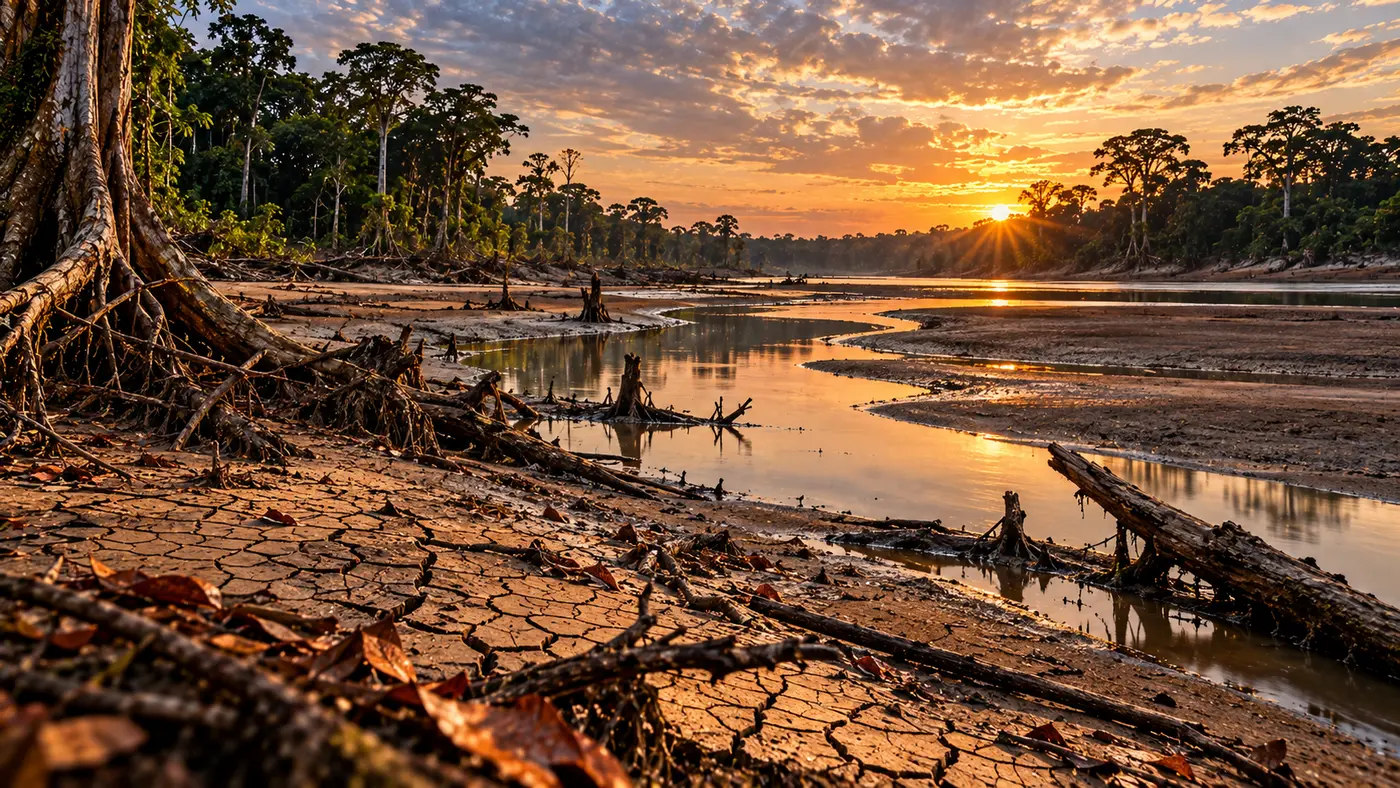 Amazonas-Ufer in der Trockenzeit mit niedrigem Wasserstand, freigelegten Wurzeln und trockenem Boden