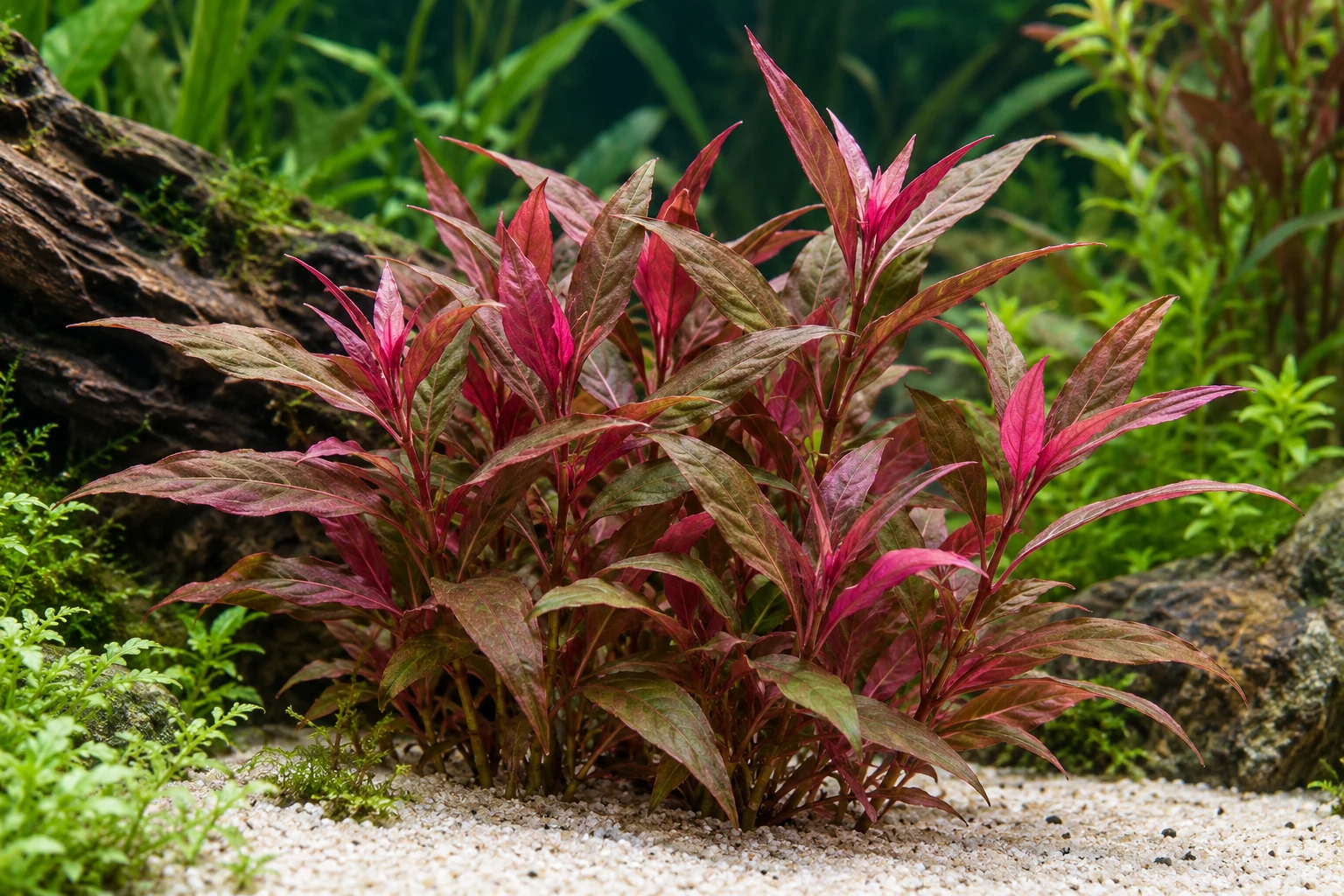 Rosa Papageienblatt (Alternanthera reineckii 'Pink') in natürlicher Aquarienszene