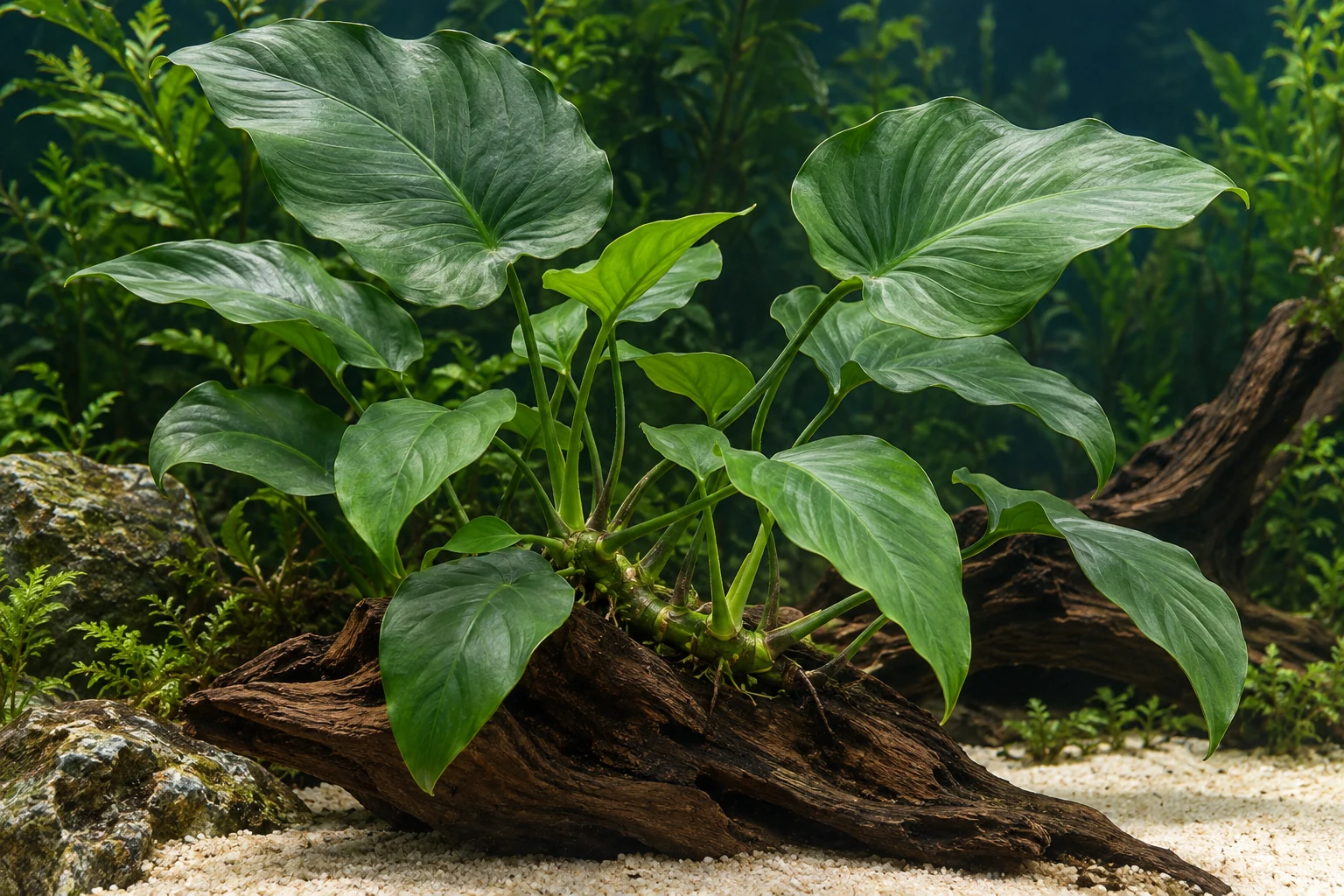 Herzblättriges Speerblatt (Anubias barteri var. caladiifolia) in natürlicher Aquarienszene