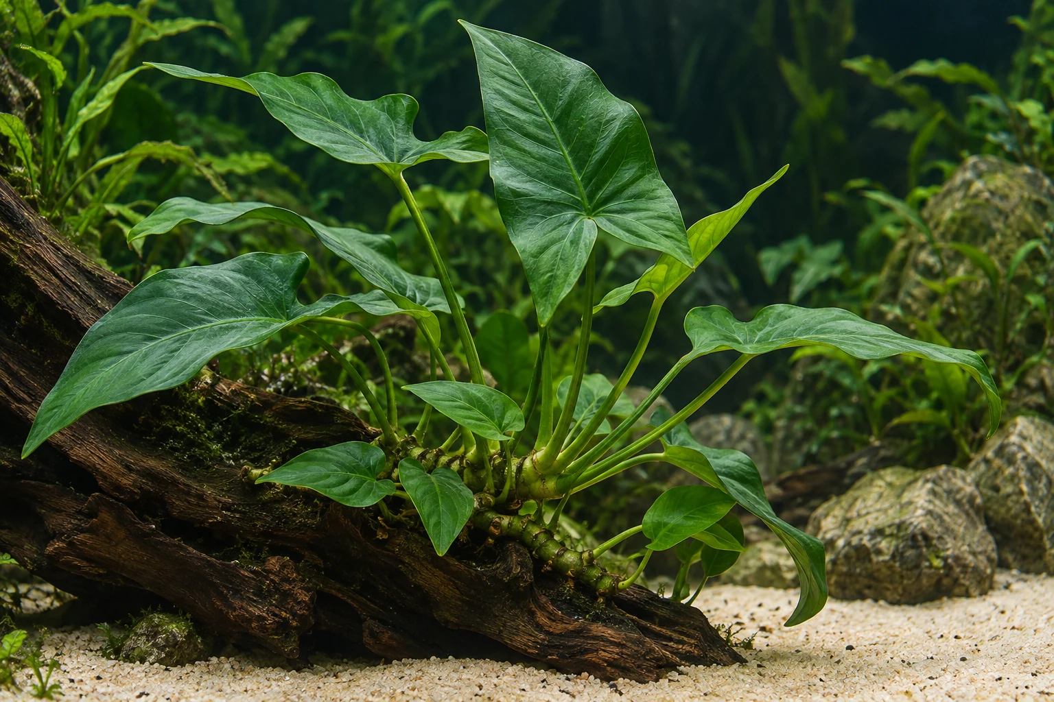 Dreieckiges Speerblatt (Anubias gracilis) in natürlicher Aquarienszene