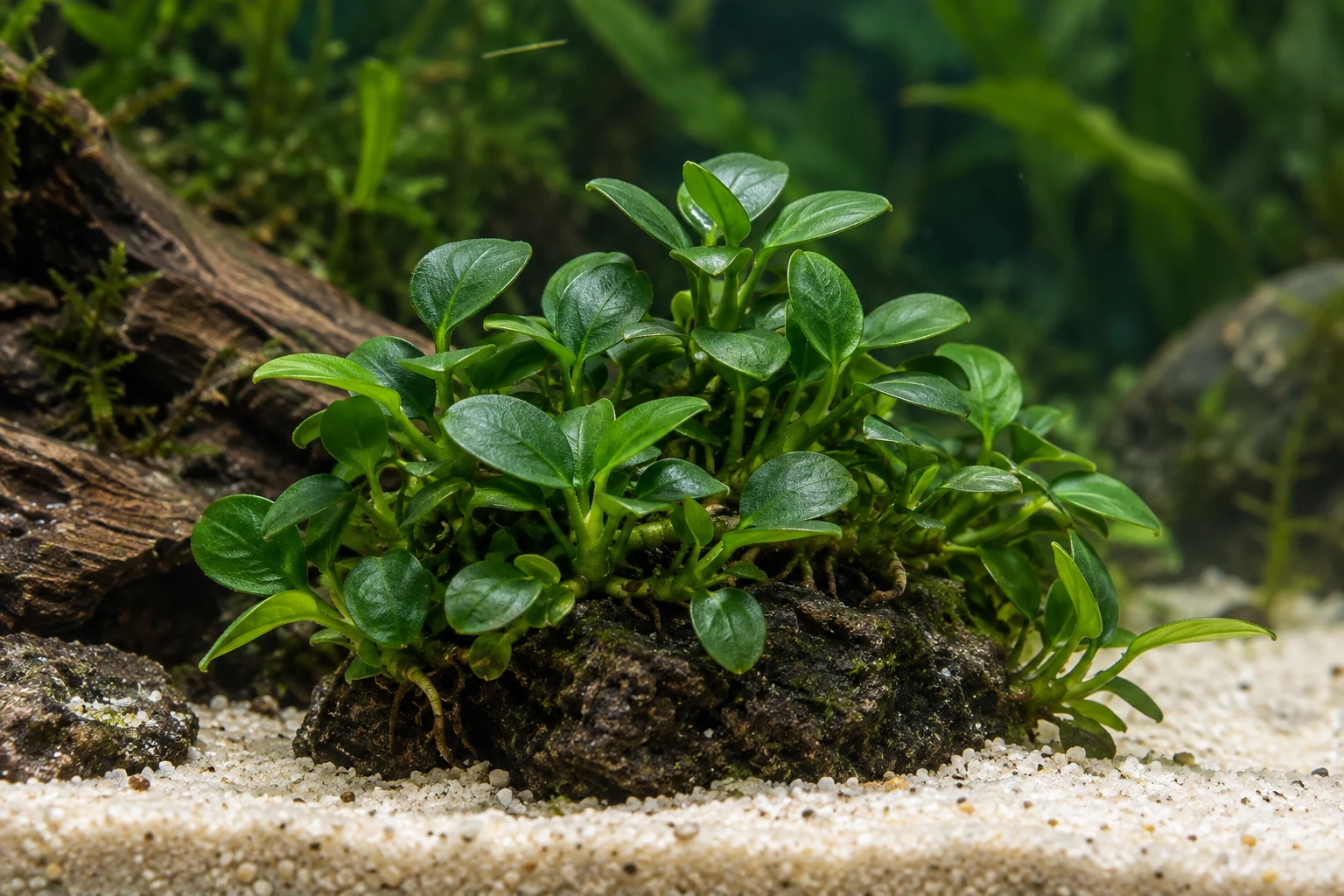 Mini-Speerblatt 'Petite' (Anubias barteri 'Petite') in natürlicher Aquarienszene