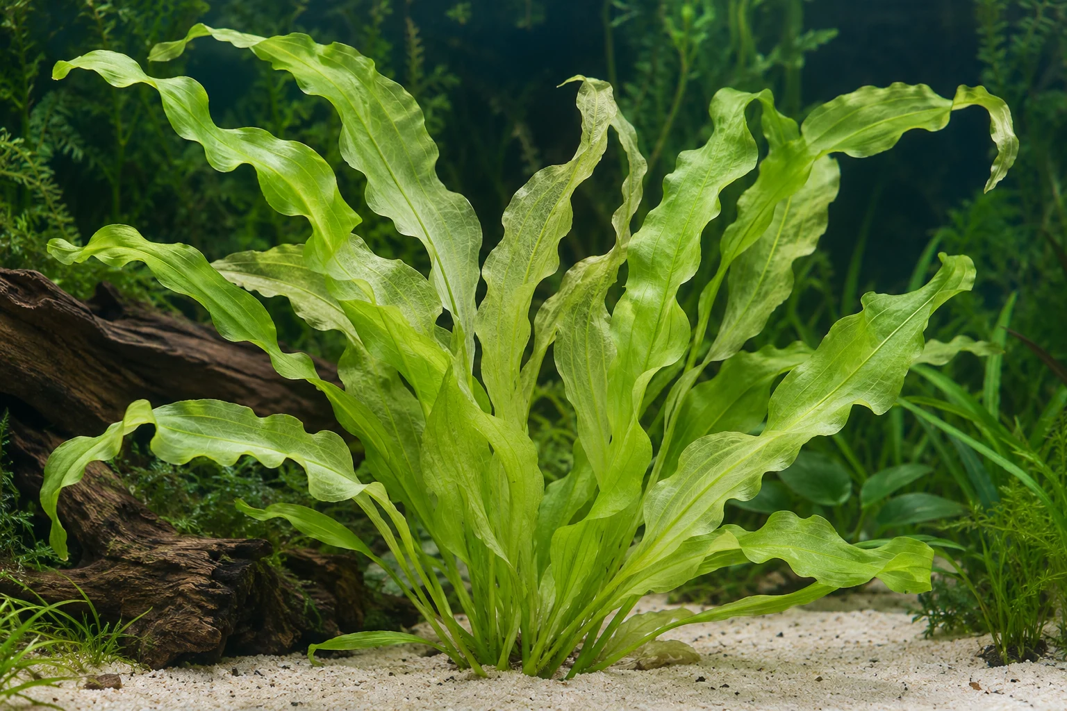 Meersalatähnliche Wasserähre (Aponogeton ulvaceus) in natürlicher Aquarienszene