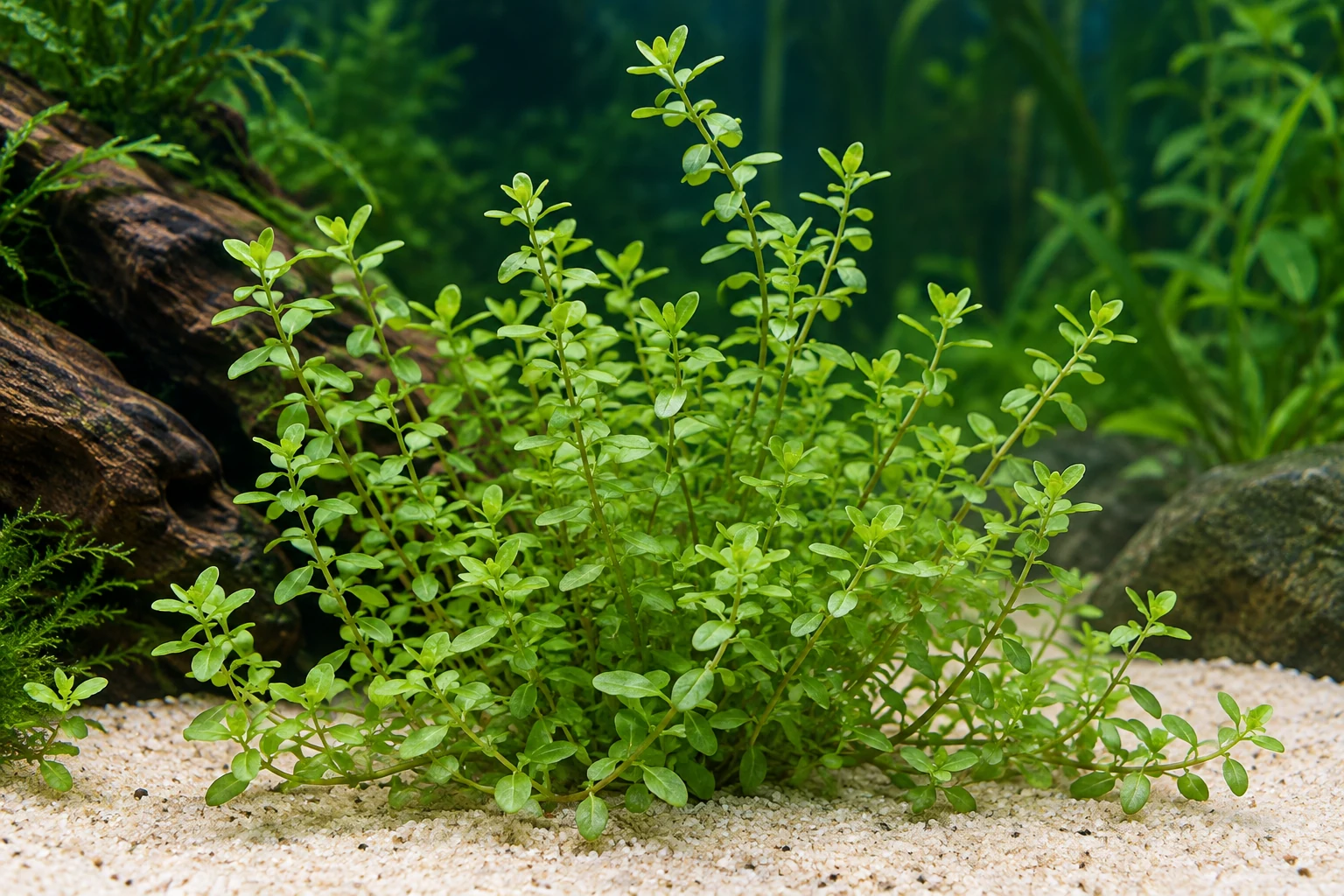 Südliches Fettblatt (Bacopa australis) in natürlicher Aquarienszene