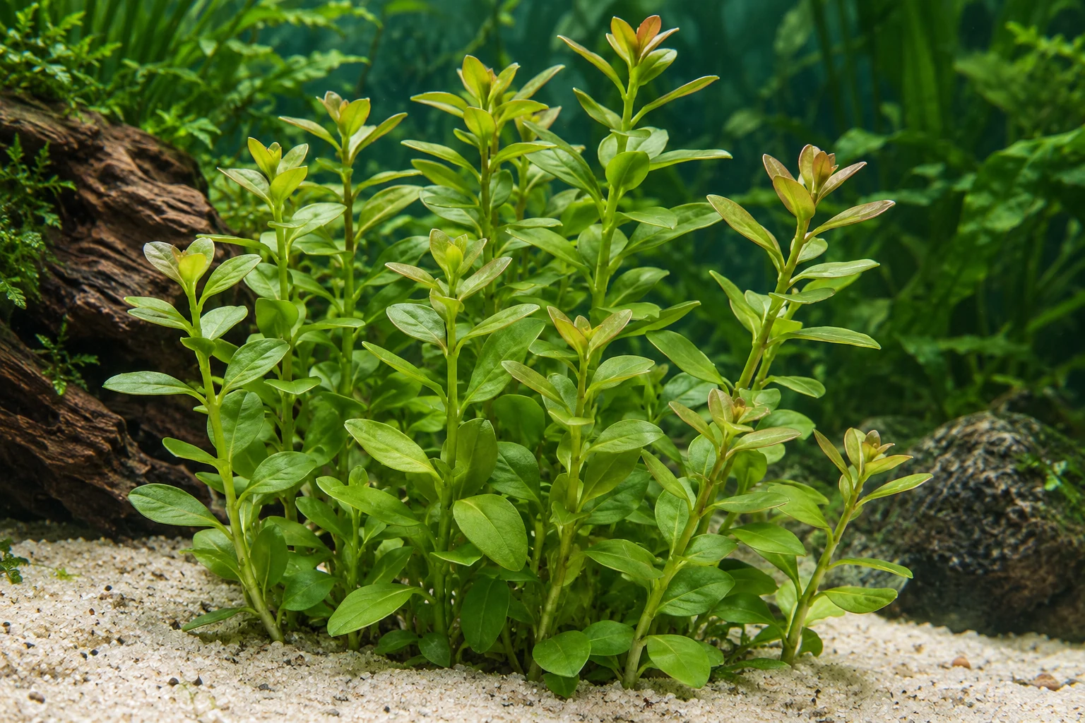 Großes Fettblatt (Bacopa caroliniana) in natürlicher Aquarienszene