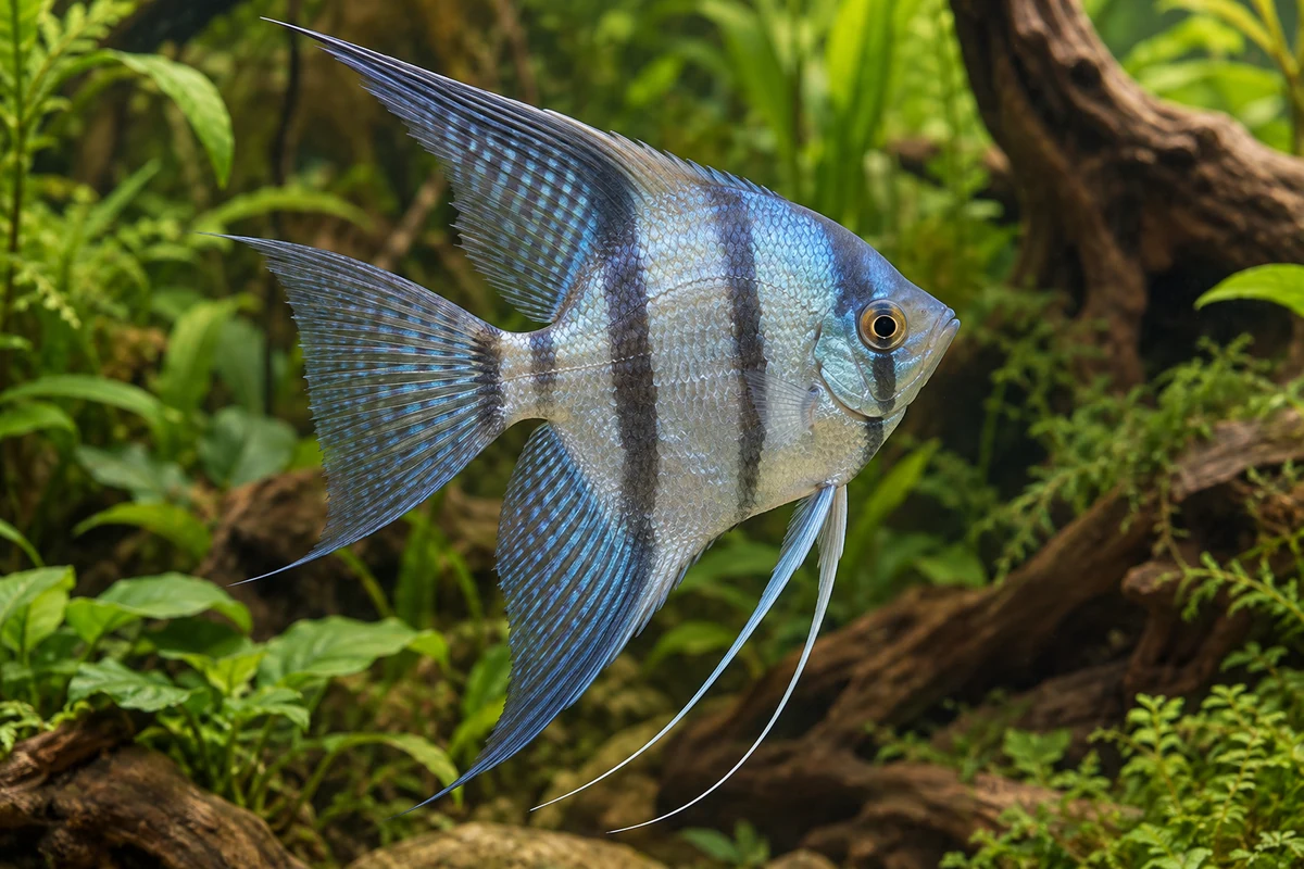 Blauer Skalar (Zuchtform): vollständiger Fisch im bepflanzten Aquarium