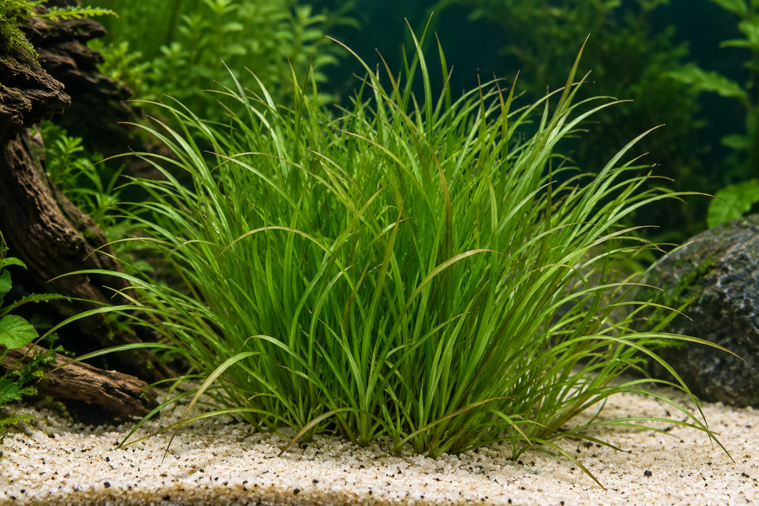 Japanisches Fadenkraut (Blyxa japonica) in natürlicher Aquarienszene
