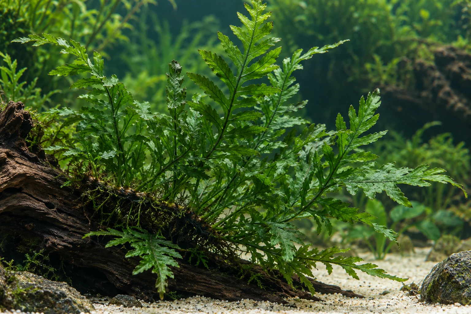 Kongo-Wasserfarn (Bolbitis heudelotii) in natürlicher Aquarienszene