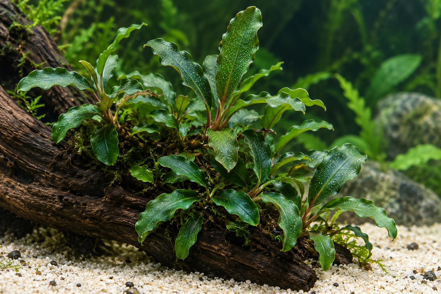 Bucephalandra 'Bukit Kelam' (Bucephalandra pygmaea 'Bukit Kelam') in natürlicher Aquarienszene