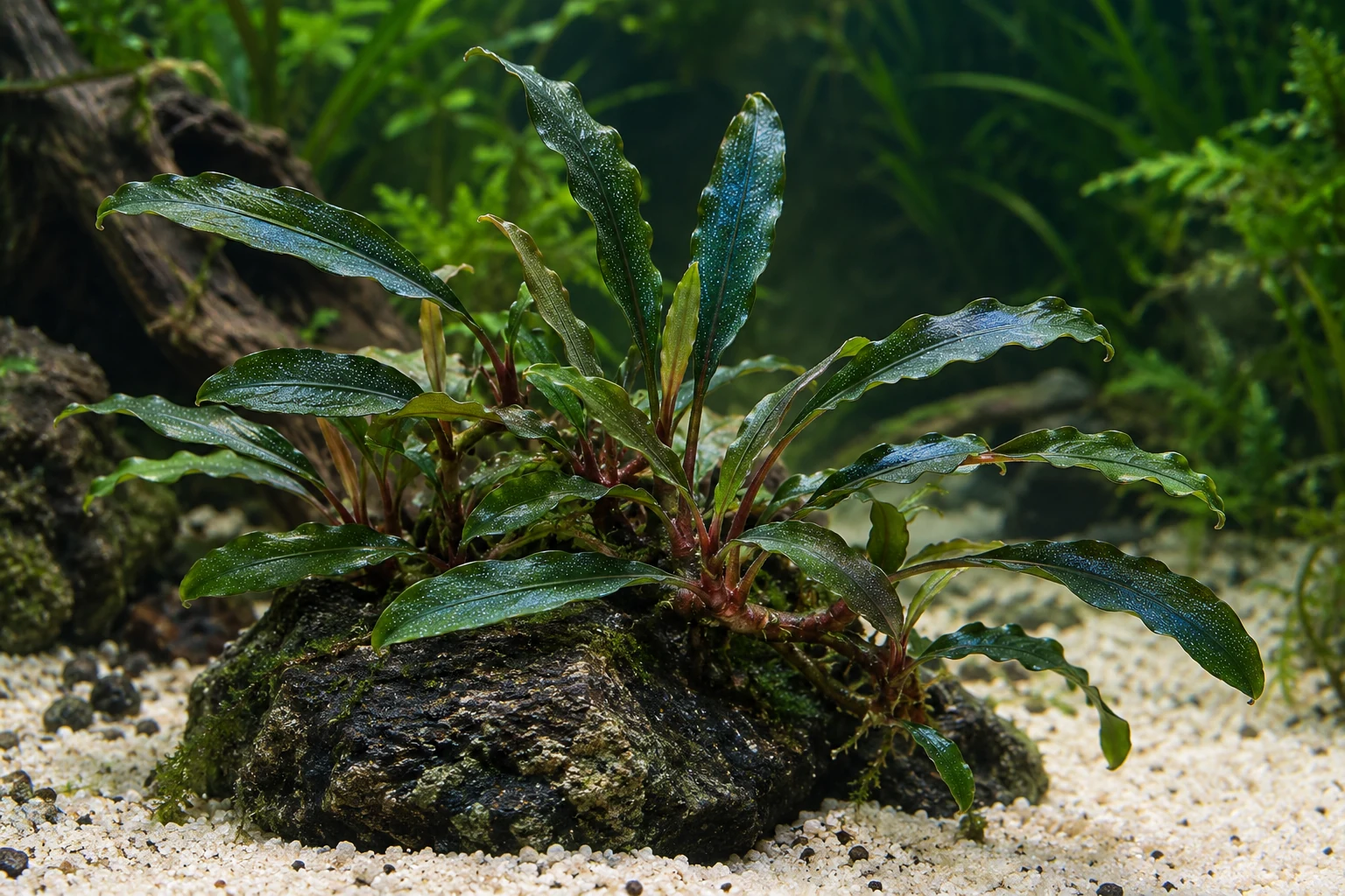 Bucephalandra 'Kedagang' (Bucephalandra diabolica 'Kedagang') in natürlicher Aquarienszene