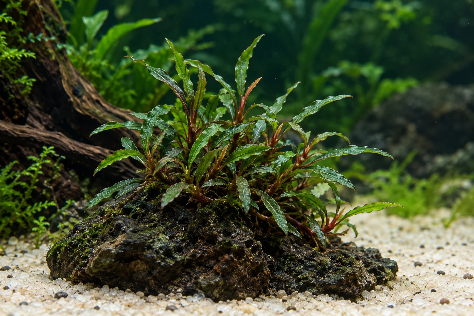 Bucephalandra 'Needle Leaf' (Bucephalandra sp. 'Needle Leaf') in natürlicher Aquarienszene