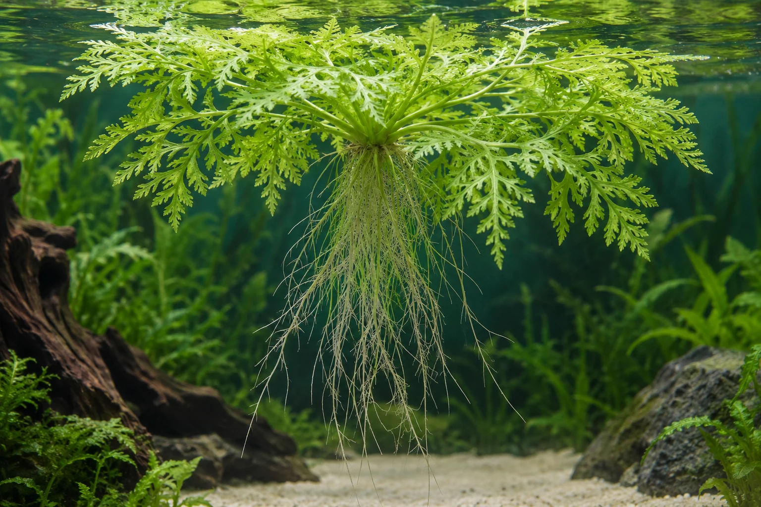 Feinblättriger Sumatrafarn (Ceratopteris thalictroides) in natürlicher Aquarienszene