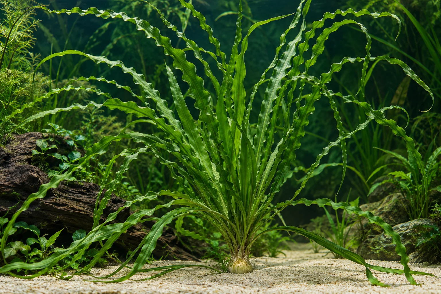 Dauerwellen-Hakenlilie (Crinum calamistratum) in natürlicher Aquarienszene