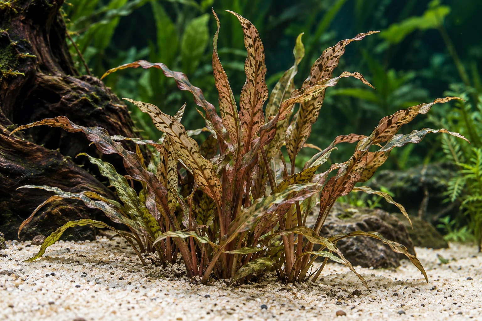 Wasserkelch 'Albida Brown' (Cryptocoryne albida 'Brown') in natürlicher Aquarienszene