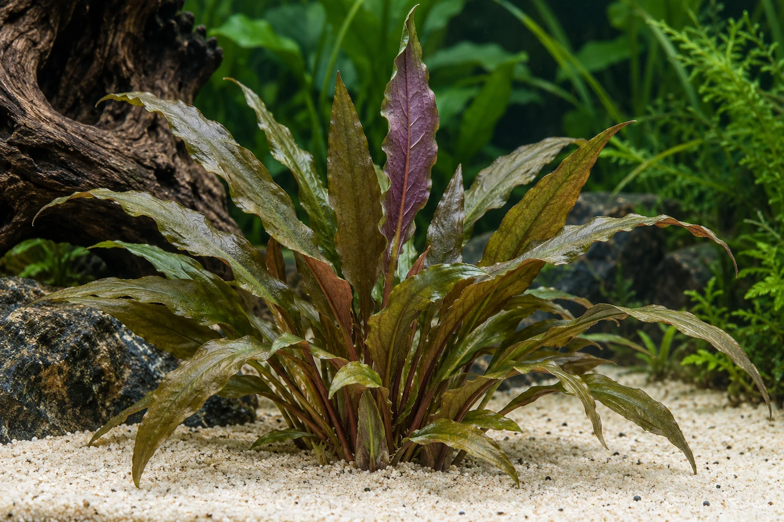 Petchs Wasserkelch (Cryptocoryne beckettii 'Petchii') in natürlicher Aquarienszene