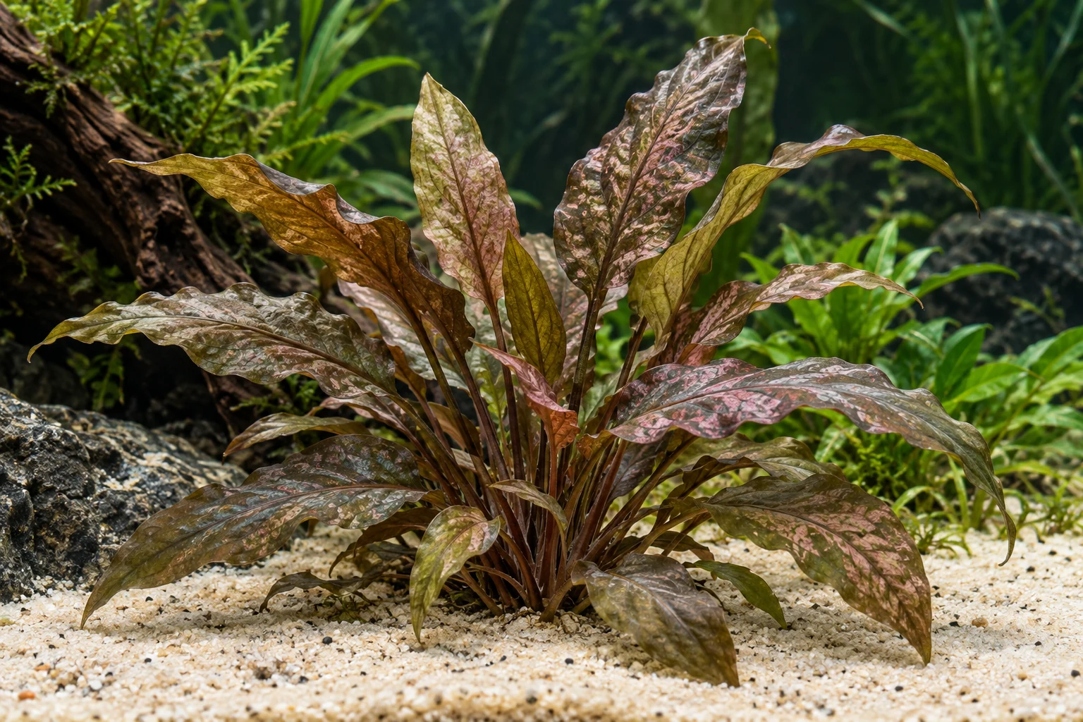Wasserkelch 'Rose Maiden' (Cryptocoryne nurii) in natürlicher Aquarienszene
