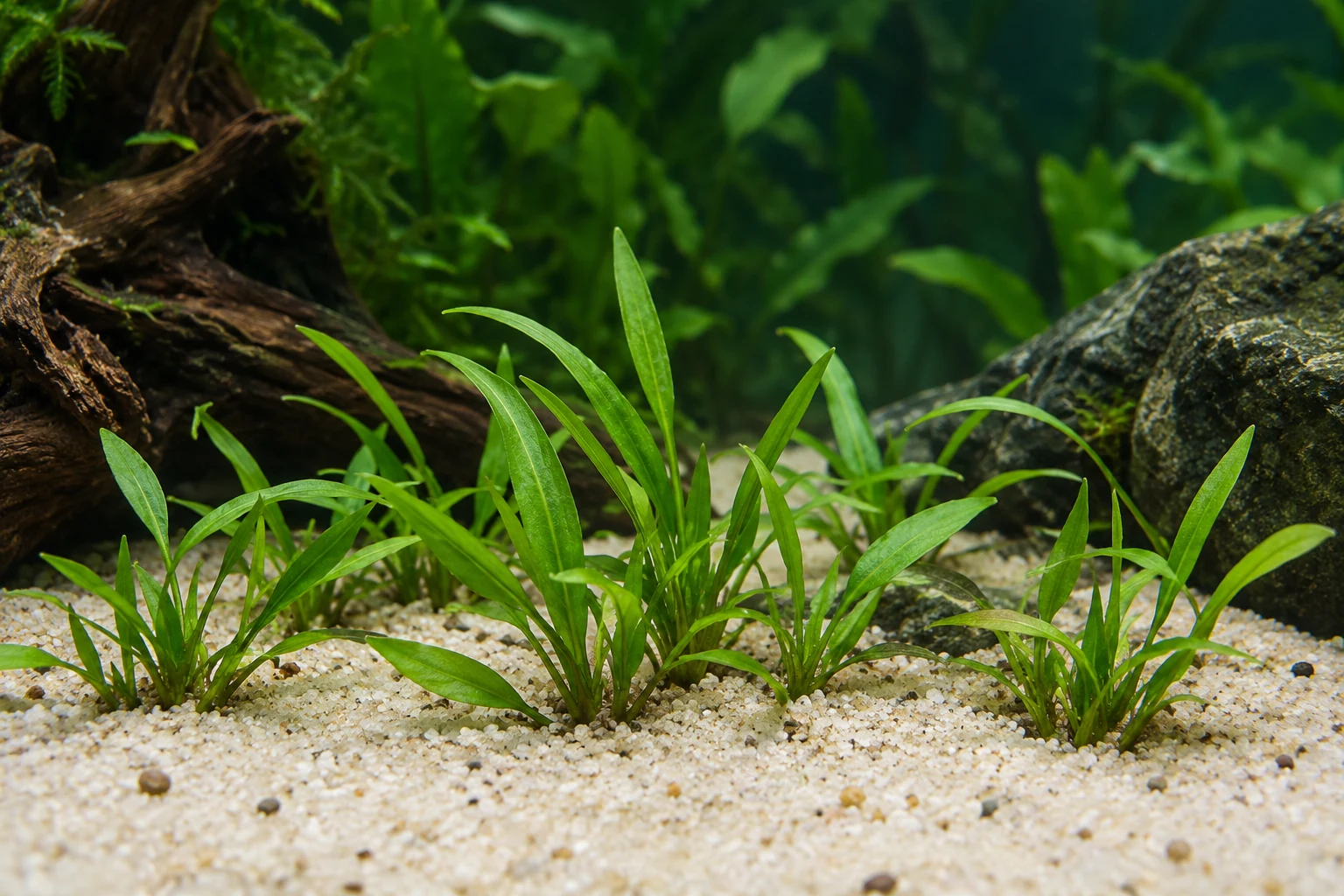 Kleiner Wasserkelch (Cryptocoryne parva) in natürlicher Aquarienszene
