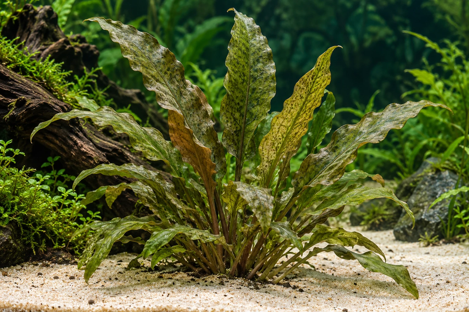 Breitblättriger Gewellter Wasserkelch (Cryptocoryne undulata 'Broad Leaf') in natürlicher Aquarienszene