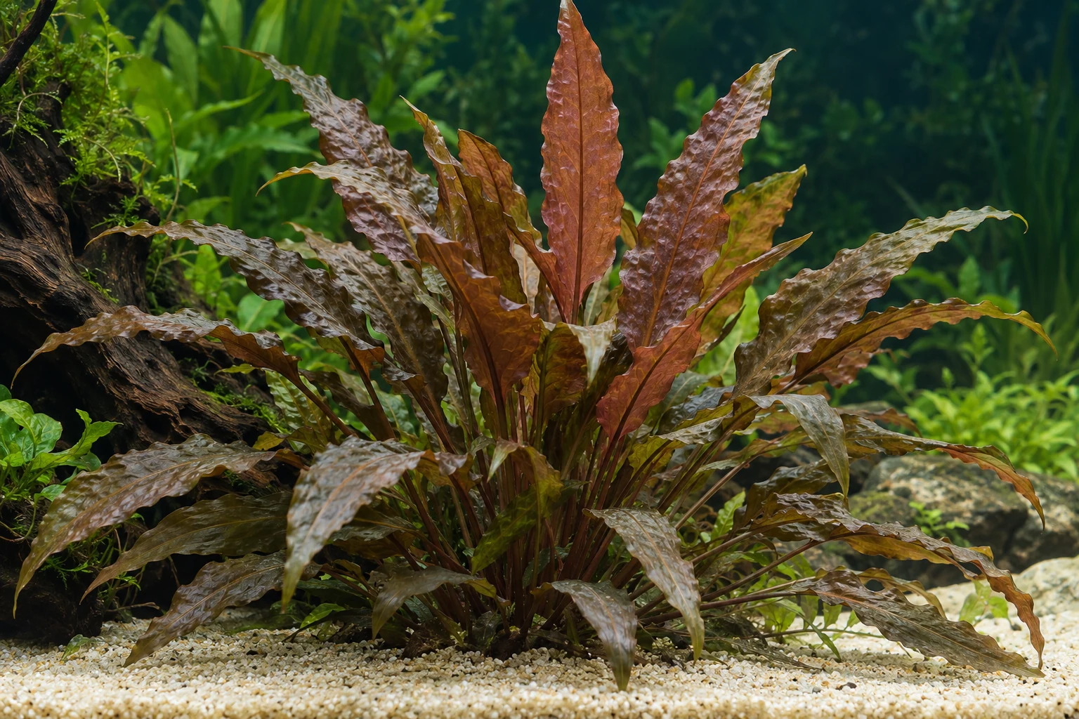 Mi-Oya-Wasserkelch (Cryptocoryne wendtii 'Mi Oya') in natürlicher Aquarienszene