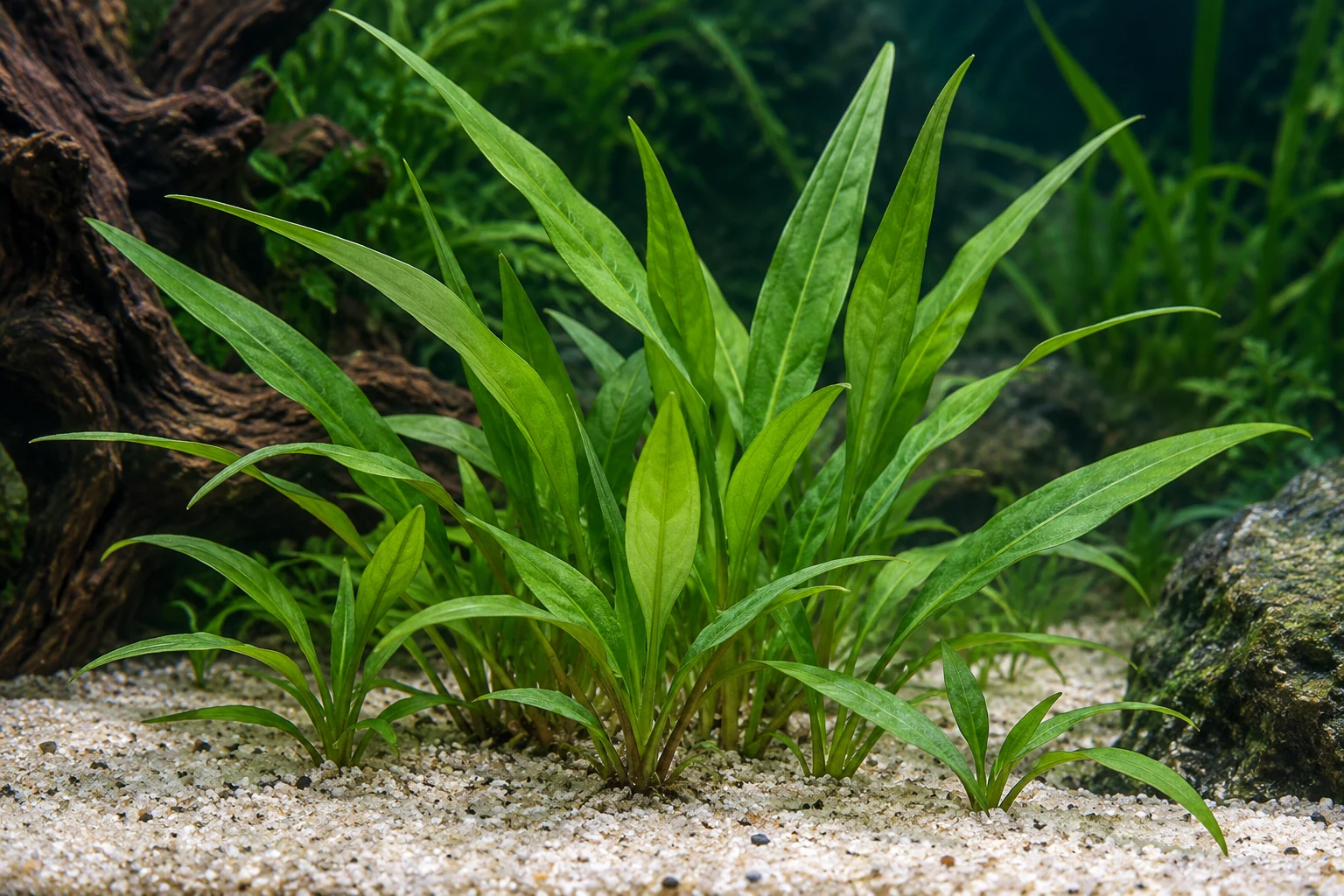 Willis-Wasserkelch (Cryptocoryne × willisii) in natürlicher Aquarienszene