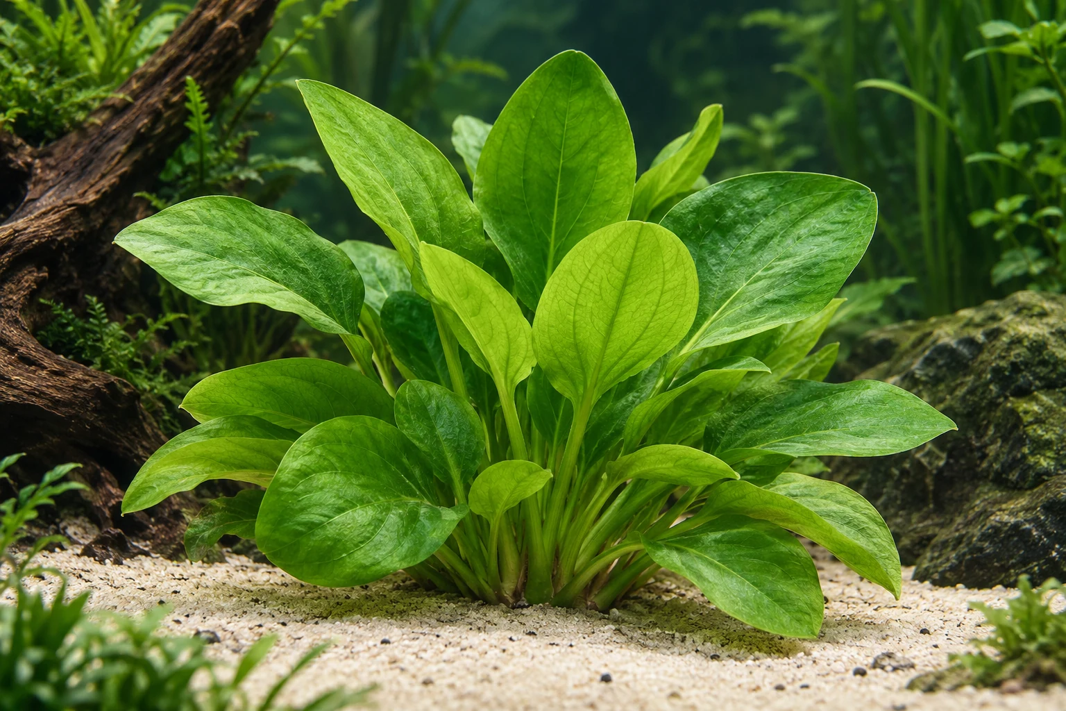 Schwertpflanze 'Aquartica' (Echinodorus 'Aquartica') in natürlicher Aquarienszene