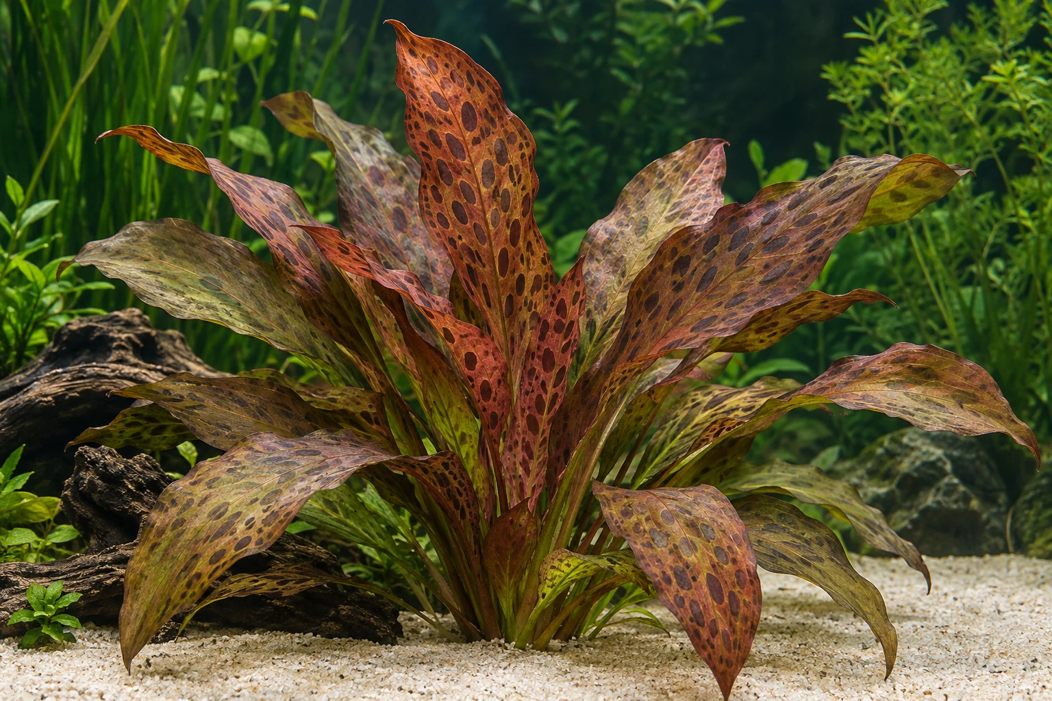 Ozelot-Schwertpflanze (Echinodorus 'Ozelot') in natürlicher Aquarienszene