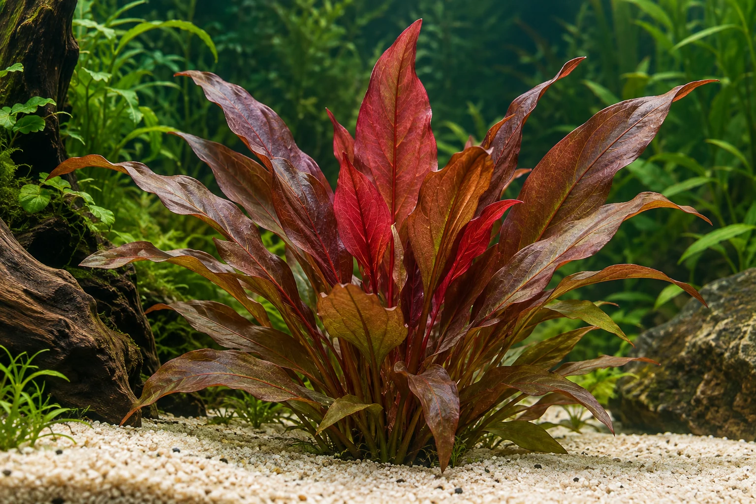 Schwertpflanze 'Red Diamond' (Echinodorus 'Red Diamond') in natürlicher Aquarienszene