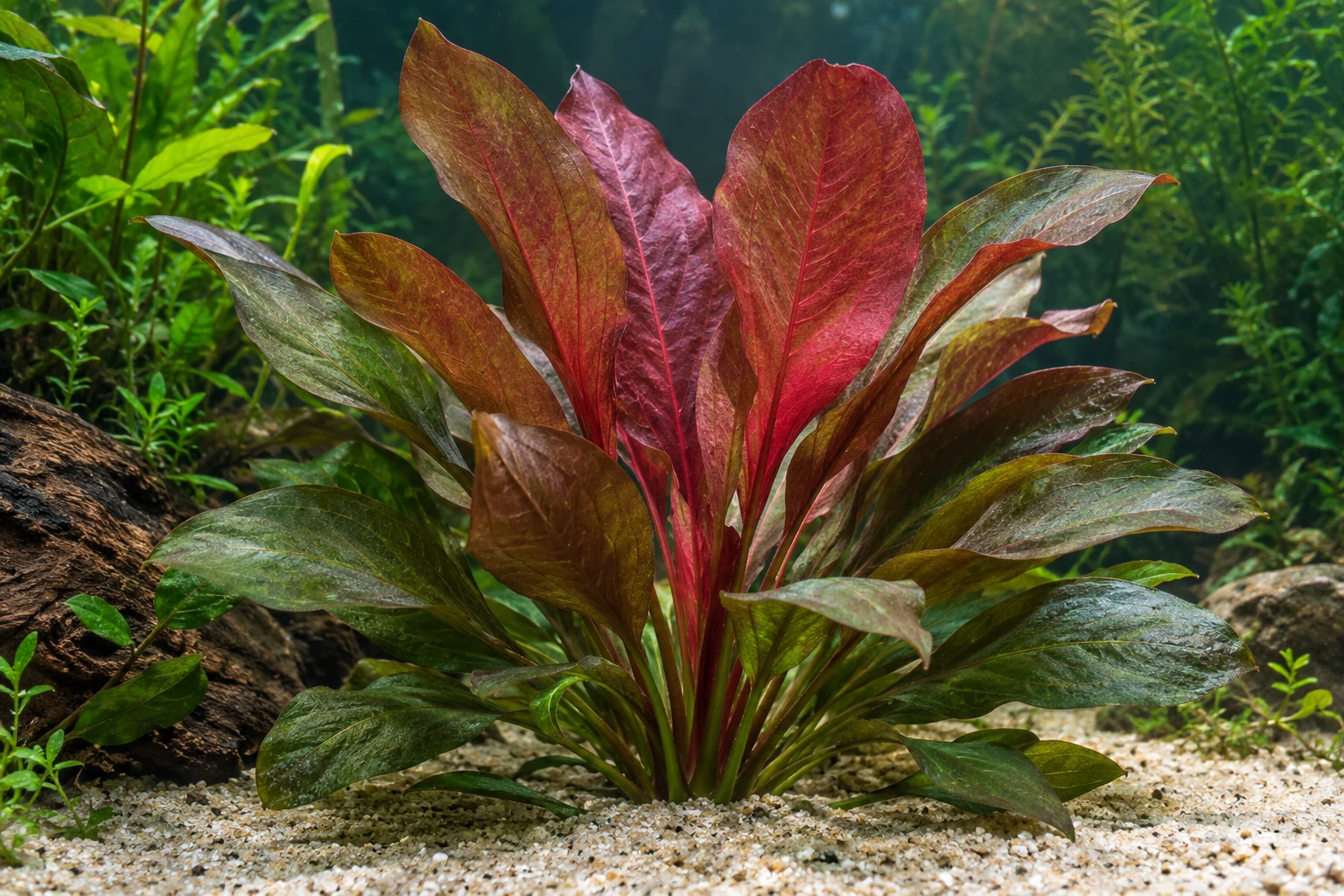 Schwertpflanze 'Reni' (Echinodorus 'Reni') in natürlicher Aquarienszene