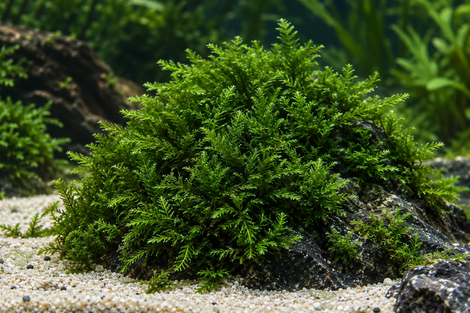 Quell-Gabelzahnmoos (Fissidens fontanus) in natürlicher Aquarienszene