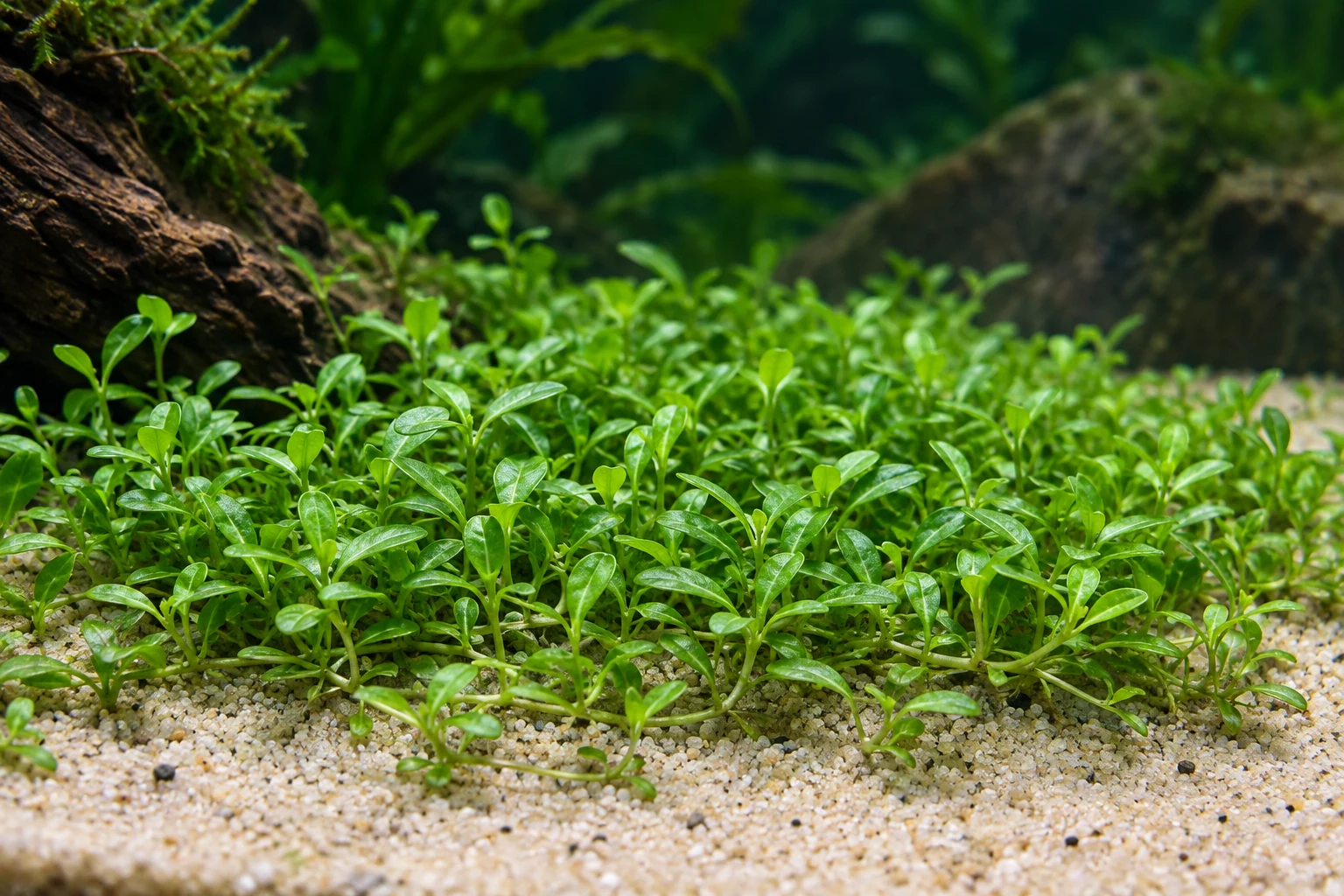 Australisches Zungenblatt (Glossostigma elatinoides) in natürlicher Aquarienszene