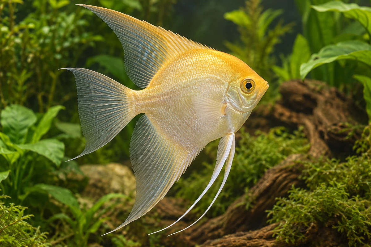 Gold-Skalar (Zuchtform): vollständiger Fisch im bepflanzten Aquarium