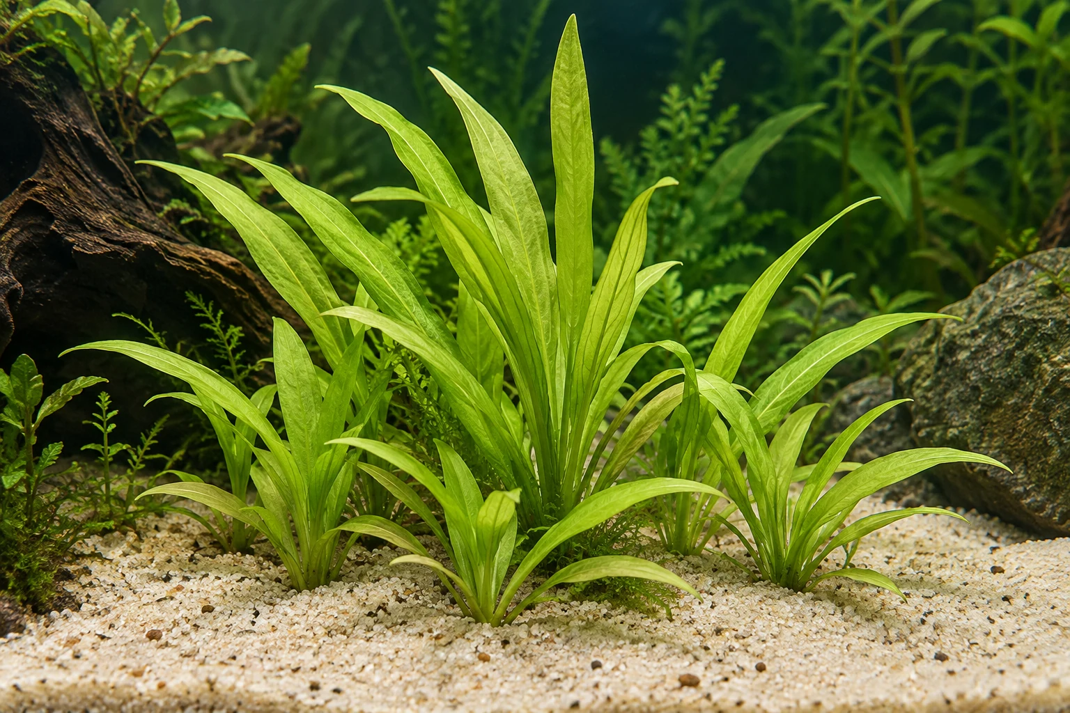 Hellgrüne Zwerg-Schwertpflanze (Helanthium bolivianum 'Quadricostatus') in natürlicher Aquarienszene