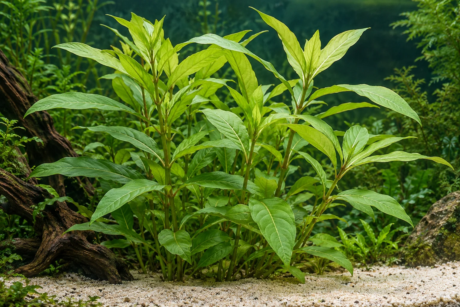 Riesen-Wasserfreund (Hygrophila corymbosa) in natürlicher Aquarienszene