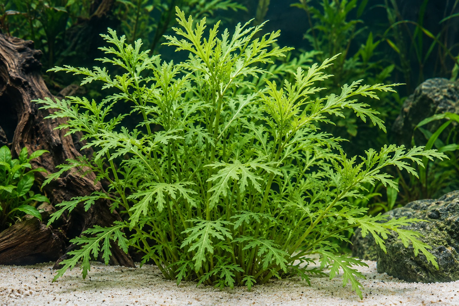 Indischer Wasserstern (Hygrophila difformis) in natürlicher Aquarienszene