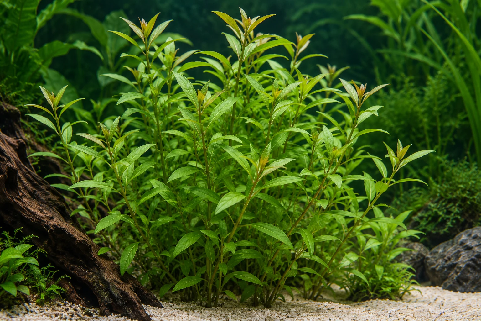 Indischer Wasserfreund (Hygrophila polysperma) in natürlicher Aquarienszene