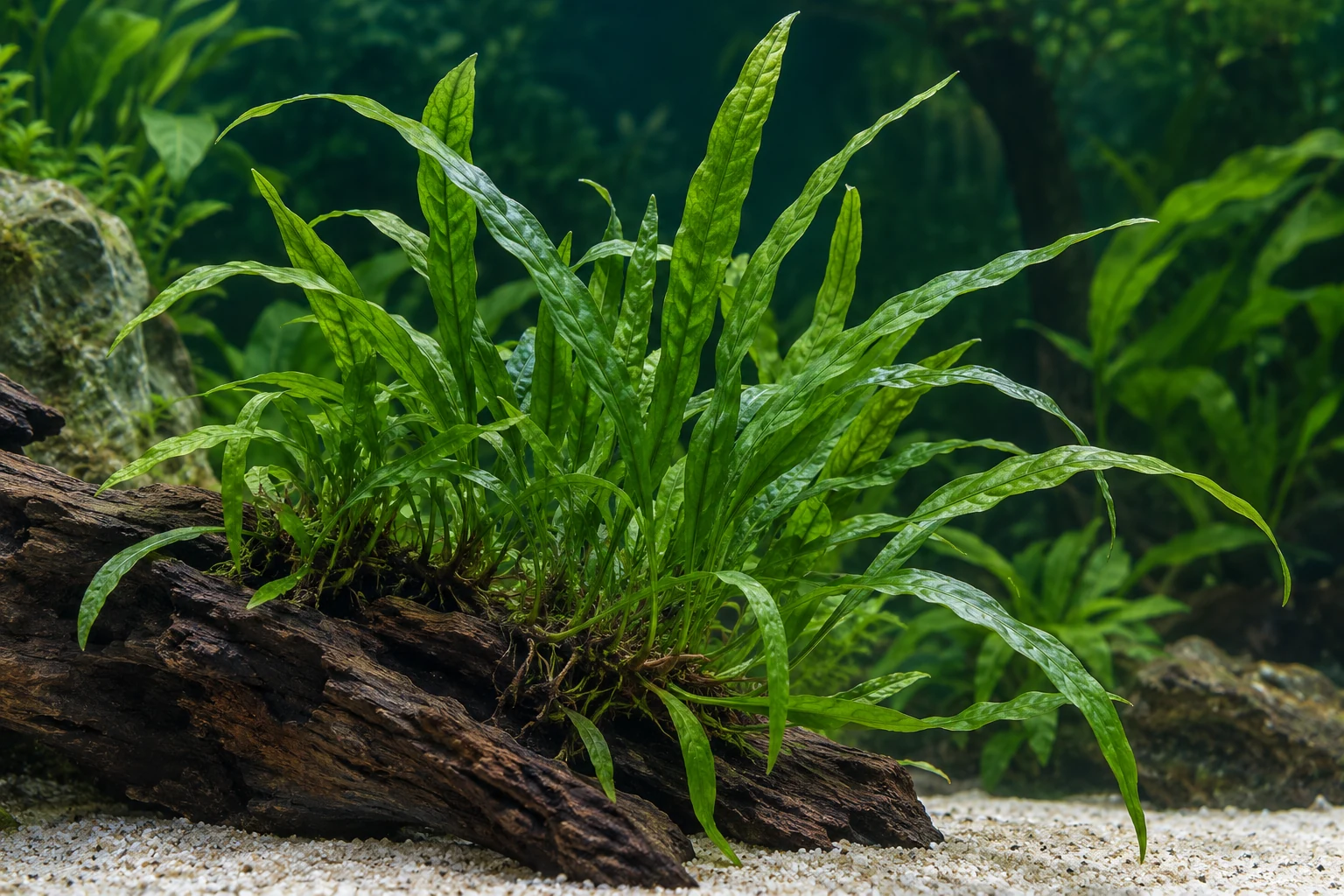 Schmalblättriger Javafarn (Microsorum pteropus 'Narrow') in natürlicher Aquarienszene